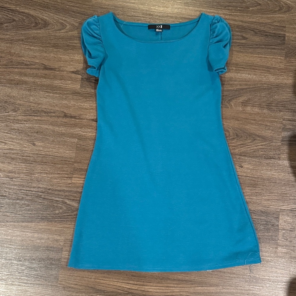 Forever 21 Teal Blue Green Turquoise Blouse Tunix Dress with Puff Sleeves